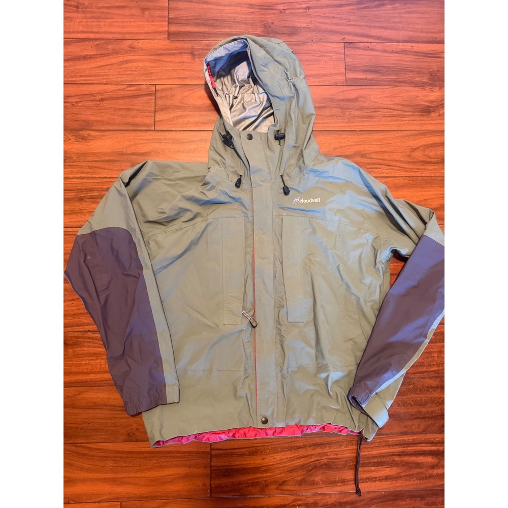 Cloudveil Mens Large Hooded Mountain Shell Jacket Green Gray RN 101109